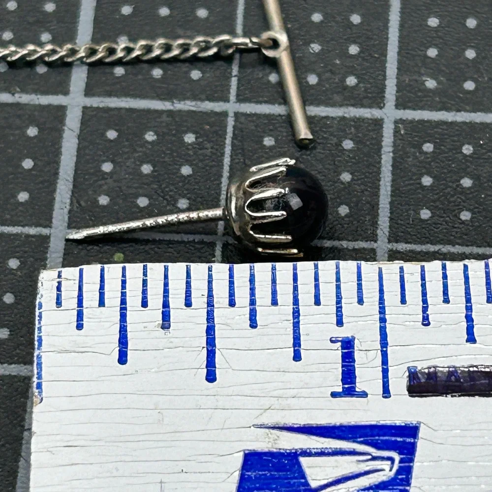 Vintage Silver Tone Black Star Sapphire Style‎ Tie Tack with T-Bar Safety Chain